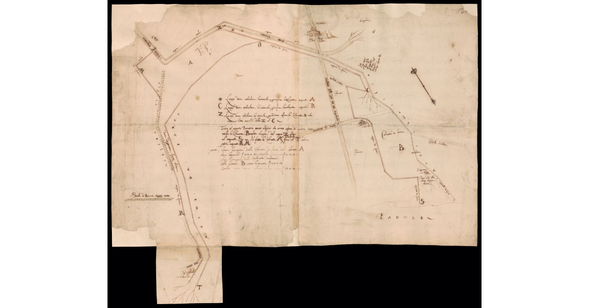 [Pianta del territorio delle Case presso il fiume Nievole in Valdinievole con colmate e argini da realizzare]