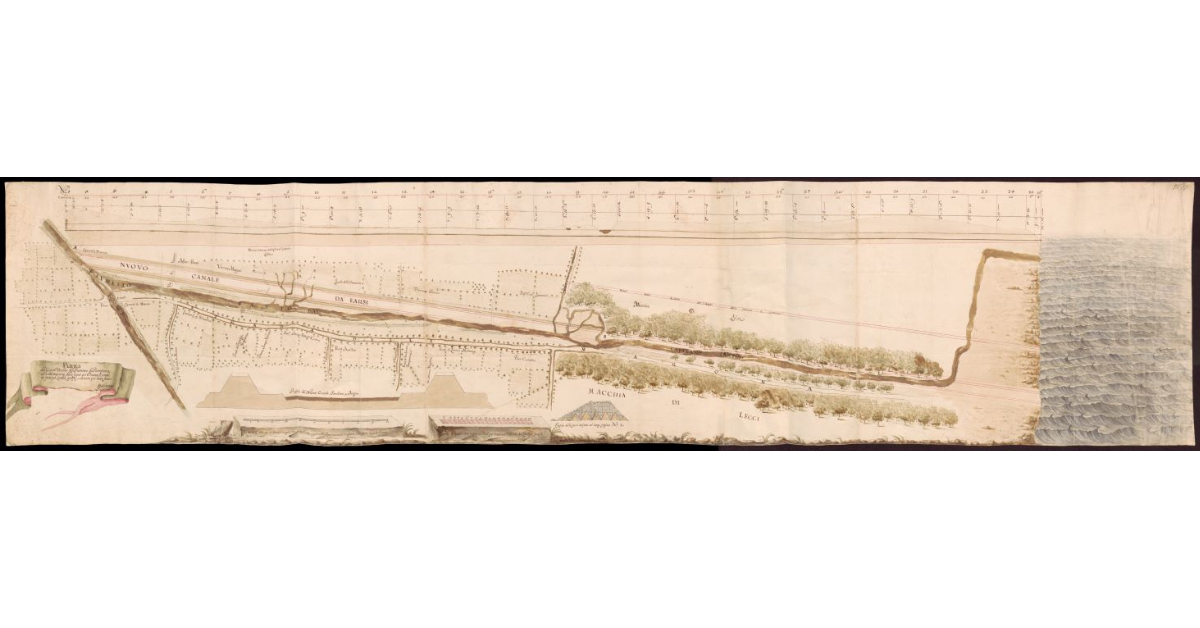 Pianta del Canal Vecchio del Fiumetto di Pietrasanta colla delineazione dello scavo per il nuovo canale da farsi, col livello, profili e sezioni per detto scavo