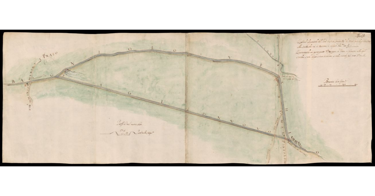 [Pianta di un tratto del vecchio e nuovo letto del fiume Bagnolo tra la via Montemurlo-Prato alla strada Pistoiese-Fiorentina]