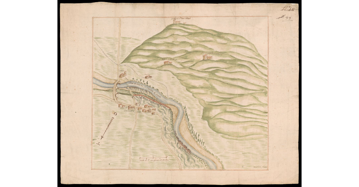 [Disegno di un tratto del fiume Ema presso il ponte e l'abitato di Ponte a Ema]