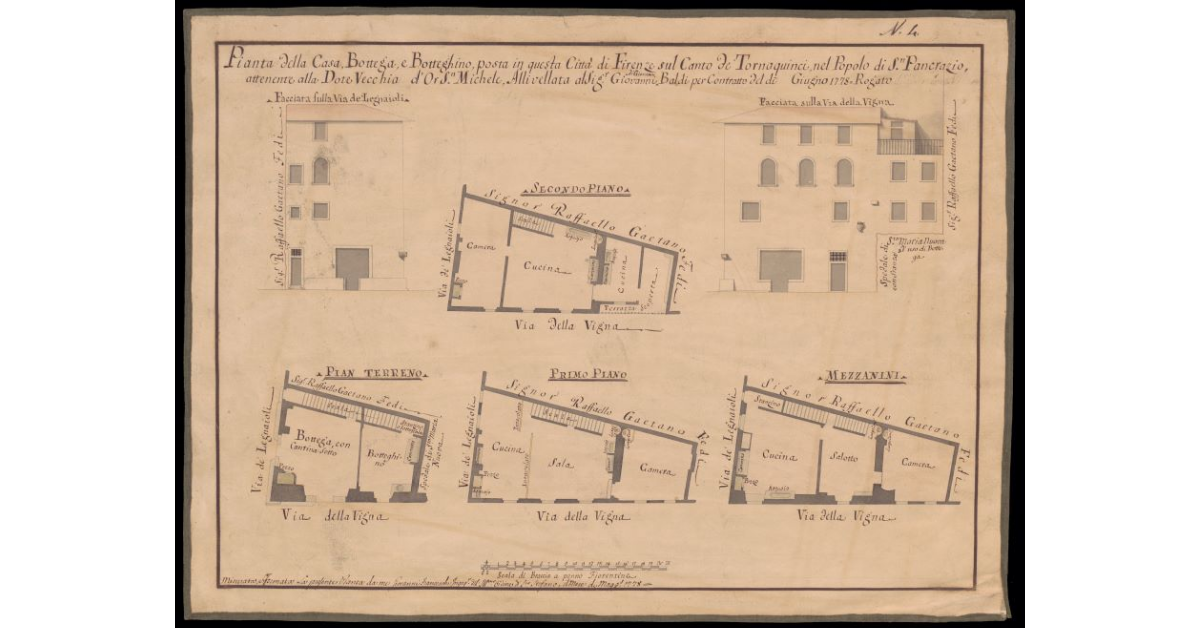 [Piante e alzati di una casa con bottega a Firenze sul Canto de' Tornaquinci]