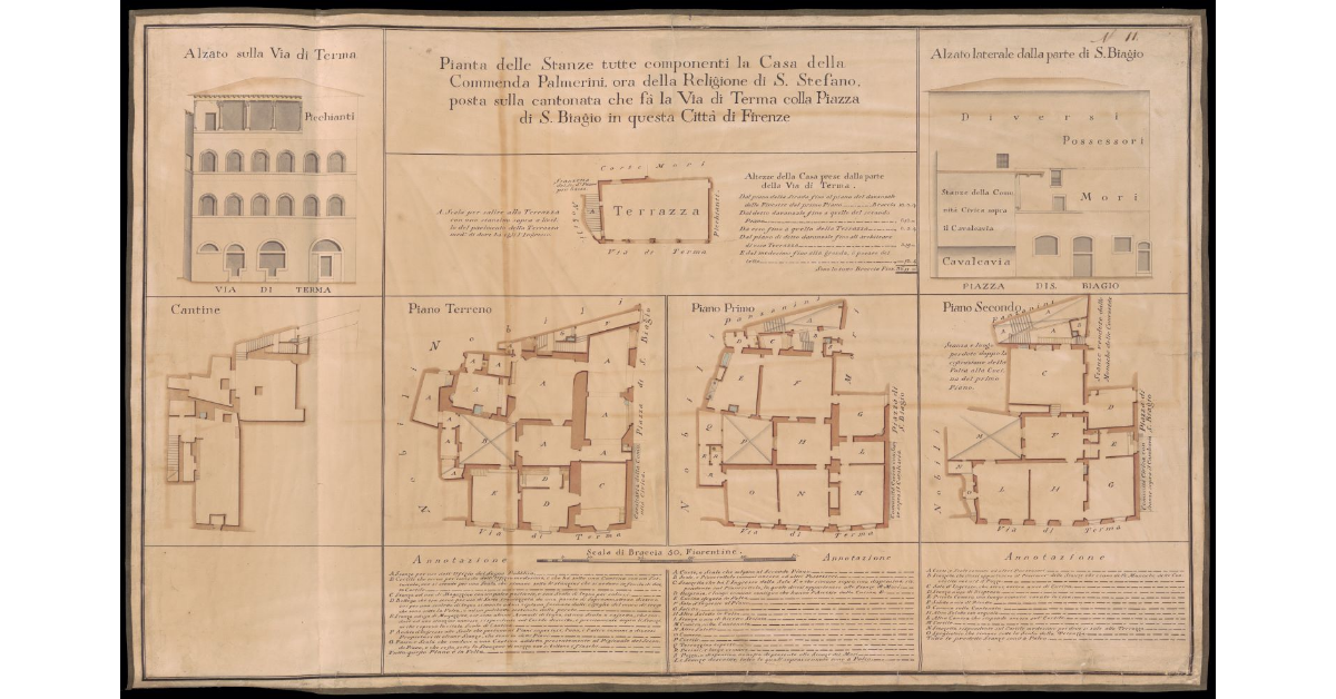 [Piante e alzato di una casa della Religione di S. Stefano a Firenze sull'angolo fra Via di Terma e Piazza S. Biagio]