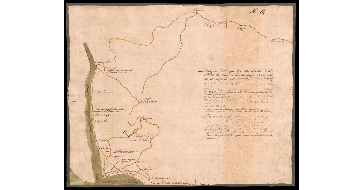 Pianta della strada che tengano le mercanzie che transitano per Sarzana dopo sbarcate a Bocca di Magra