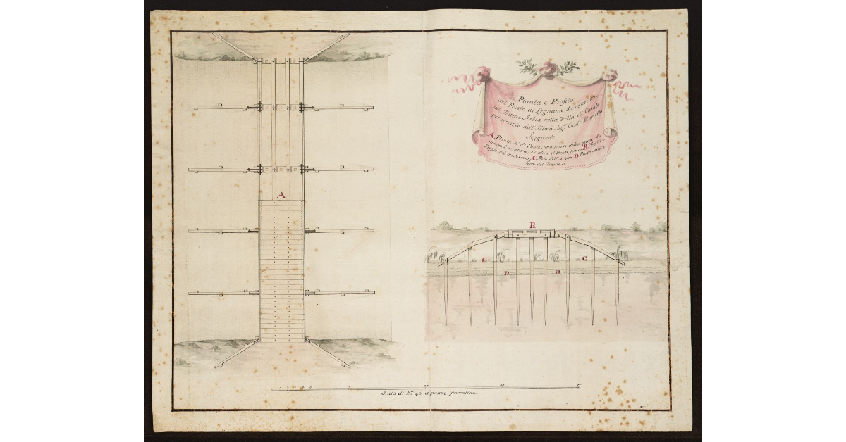 Pianta e profilo del ponte di legname da costruirsi sul Fiume Arbia nella Villa di Casale per servizio delll'Ill.mo Sig.re Cav.re Marcello Sergardi