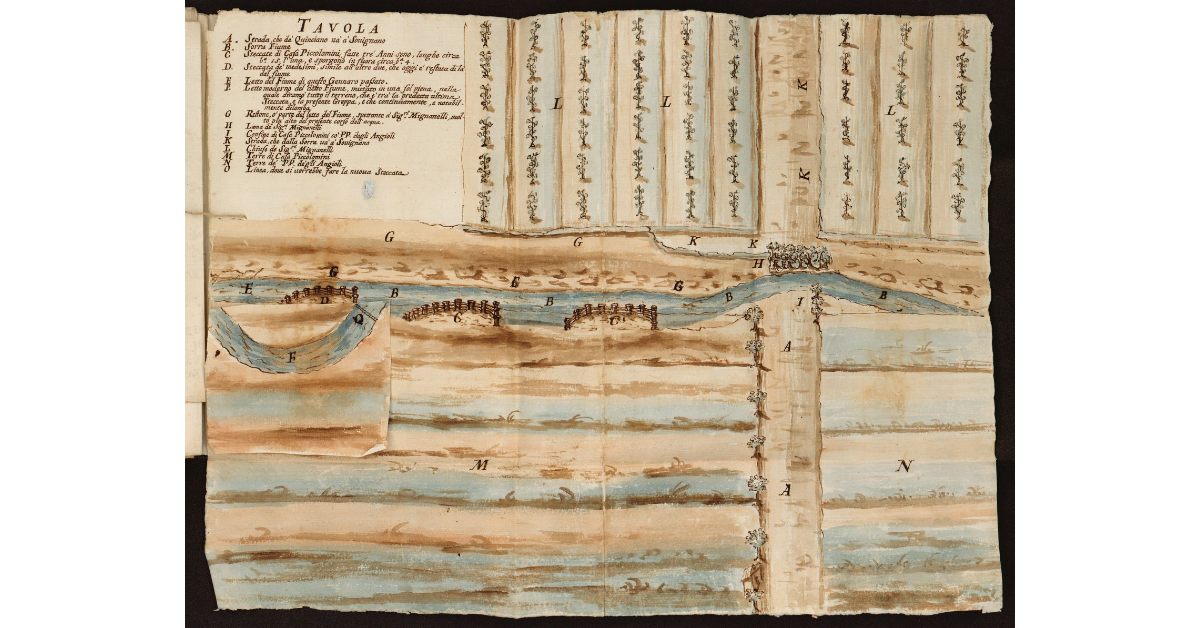 [Disegno di un tratto del torrente della Sorra torrente nelle proprietà Piccolomini e Mignanelli]
