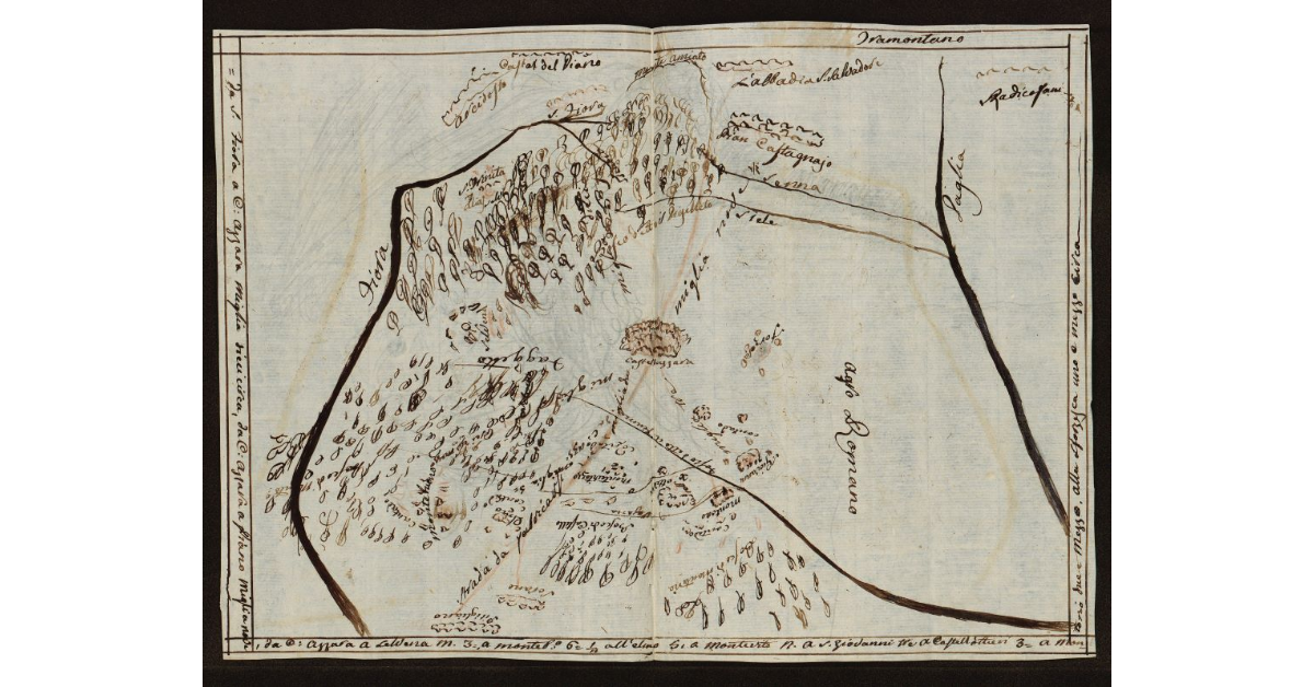 [Pianta del territorio compreso tra Roccalbegna-Arcidosso-Abbadia in alto e Sovana-Pitigliano-Sorano in basso con al centro Castellazzara]