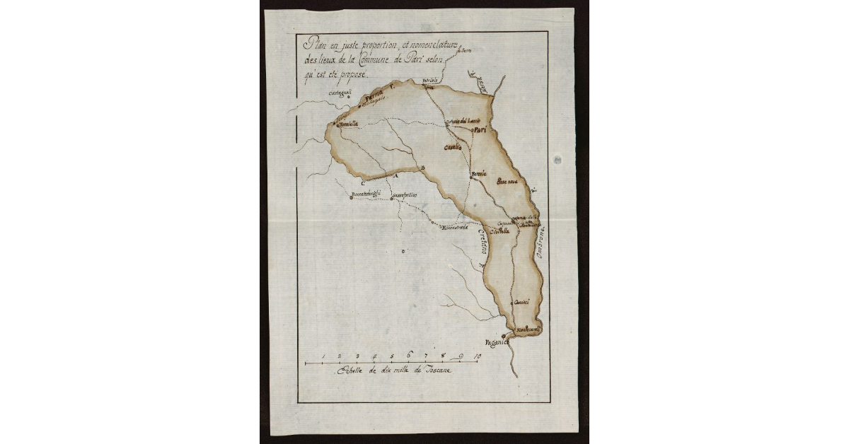 Plan en juste proportion et nomenclature des lieux de la Commune de Pari selon qu'est eté proposé