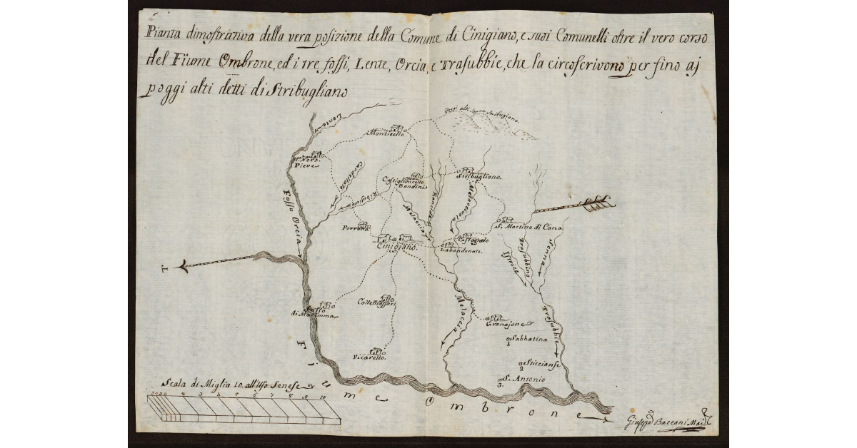Pianta dimostrativa della vera posizione della Comune di Cinigiano e suoi comunelli oltre il vero corso del fiume Ombrone ed ii tre fossi Lente, Orcia e Trasubbie, che la circoscrivono per fino ai Poggi Alti detti di Stribugliano