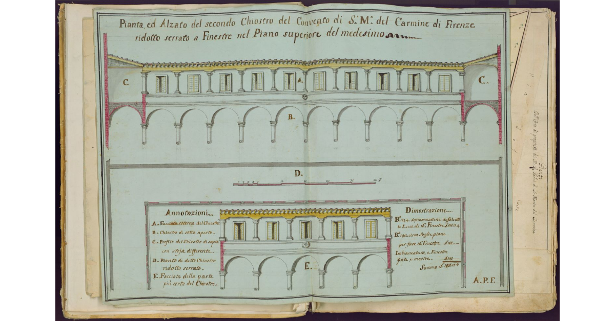 Pianta ed alzato del secondo chiostro del Convento di S. M. del Carmine di Firenze ridotto serrato a finestre nel piano superiore del medesimo