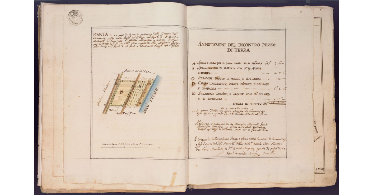Pianta di un pezzo di terra di pertinenza della Camera del Commercio, posto nella Potesteria del Galluzzo, nel Popolo di S. Piero a Monticelli in luogo detto l'Isolotto