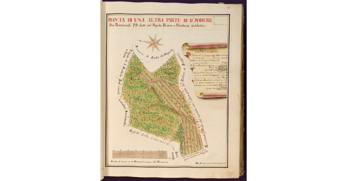 Pianta di una altra parte di detto Podere dei Reverendi PP. [del Carmine, nel Popolo di S. Michele a Torri Piviere della Pieve di S. Giovanni in Sugana, Potesteria della Casellina]