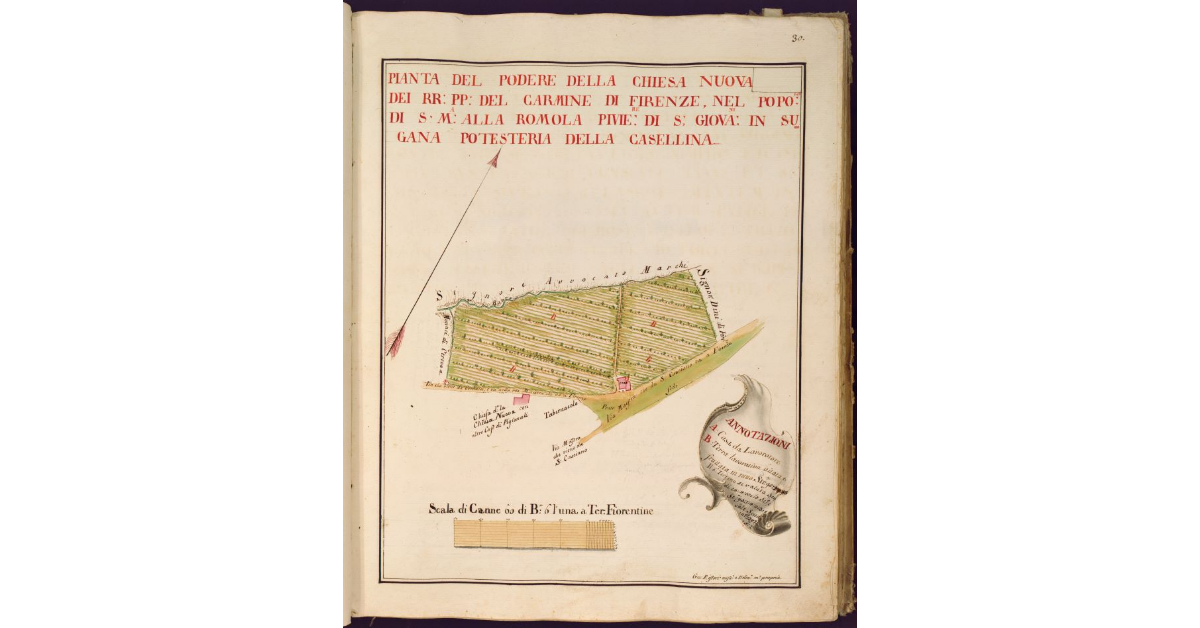 Pianta del Podere della Chiesa Nuova dei RR. PP. del Carmine di Firenze nel Popolo di S. M. alla Romola Piviere di S. Gio. in Sugana Potesteria della Casellina