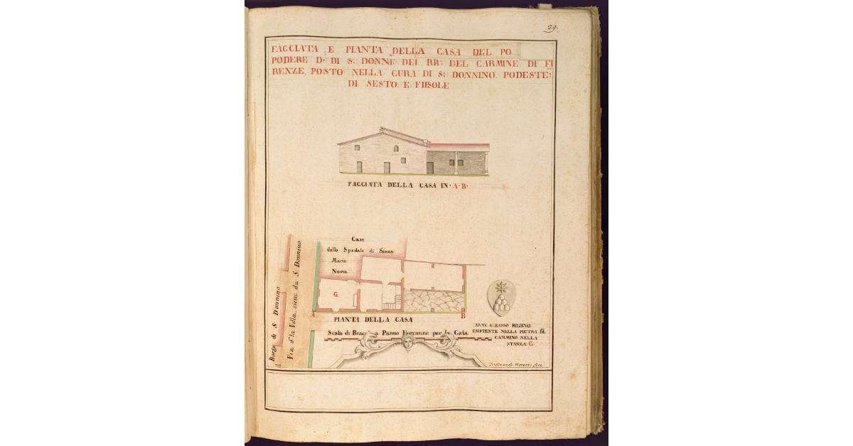 Facciata e pianta della casa del Podere di S. Donnino dei RR. PP. del Carmine di Firenze, posto nella Cura di S. Donnino Podesteria di Sesto e Fiesole
