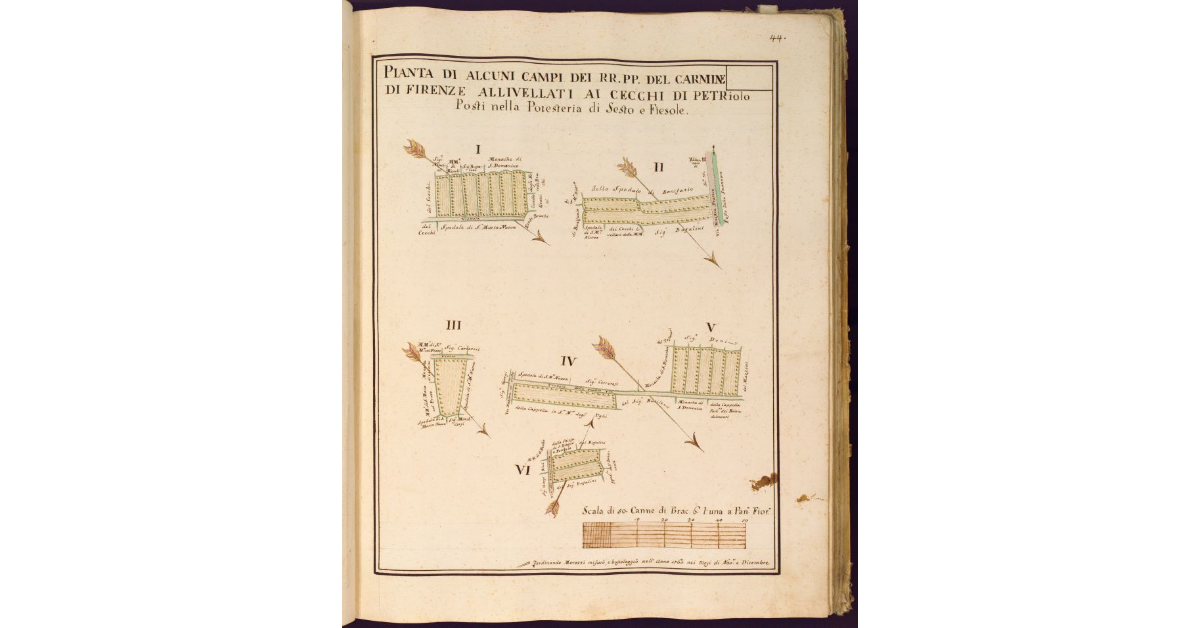 Pianta di alcuni campi dei RR. PP. del Carmine di Firenze allivellati ai Cecchi di Petriolo posti nella Potesteria di Sesto e Fiesole