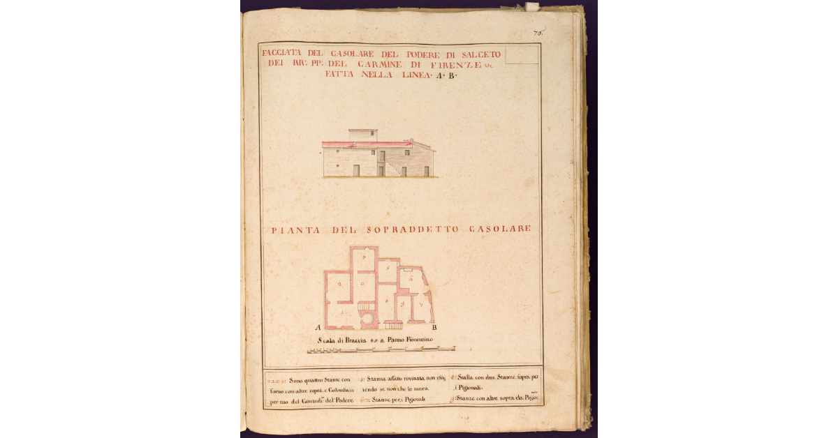 Facciata [e pianta] del casolare del Podere di Salceto dei RR. PP. del Carmine di Firenze [nel Popolo di S. Cristofano in Perticaia, Podesteria di Pontassieve]
