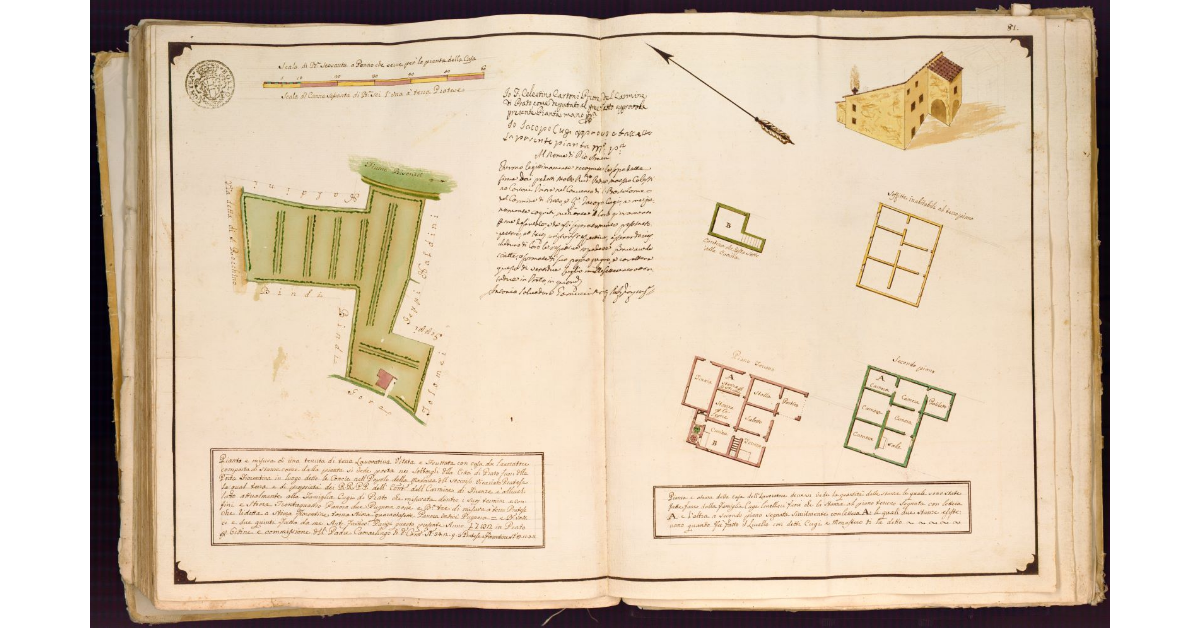 [Pianta di un appezzamento di terra con casa da lavoratore, in luogo detto Le Concie fuori di Porta Fiorentina, nel Popolo Madonna del Soccorso di Prato]