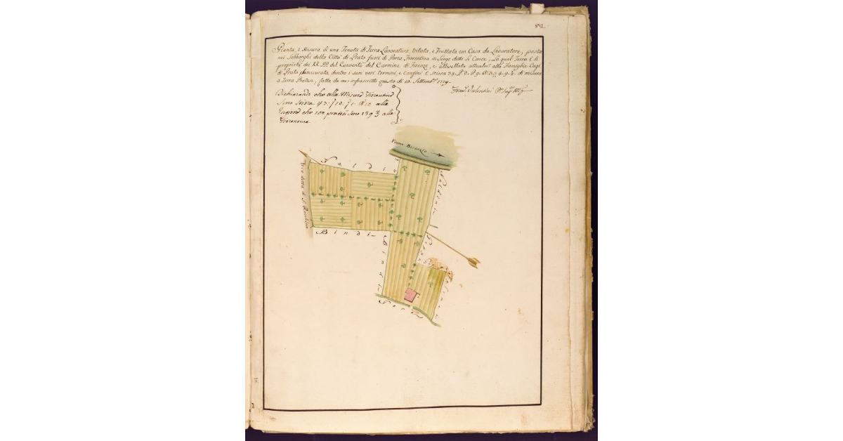 [Pianta di un appezzamento di terra con casa da lavoratore, in luogo detto Le Conce fuori Porta Fiorentina, nel Popolo Madonna del Soccorso di Prato]