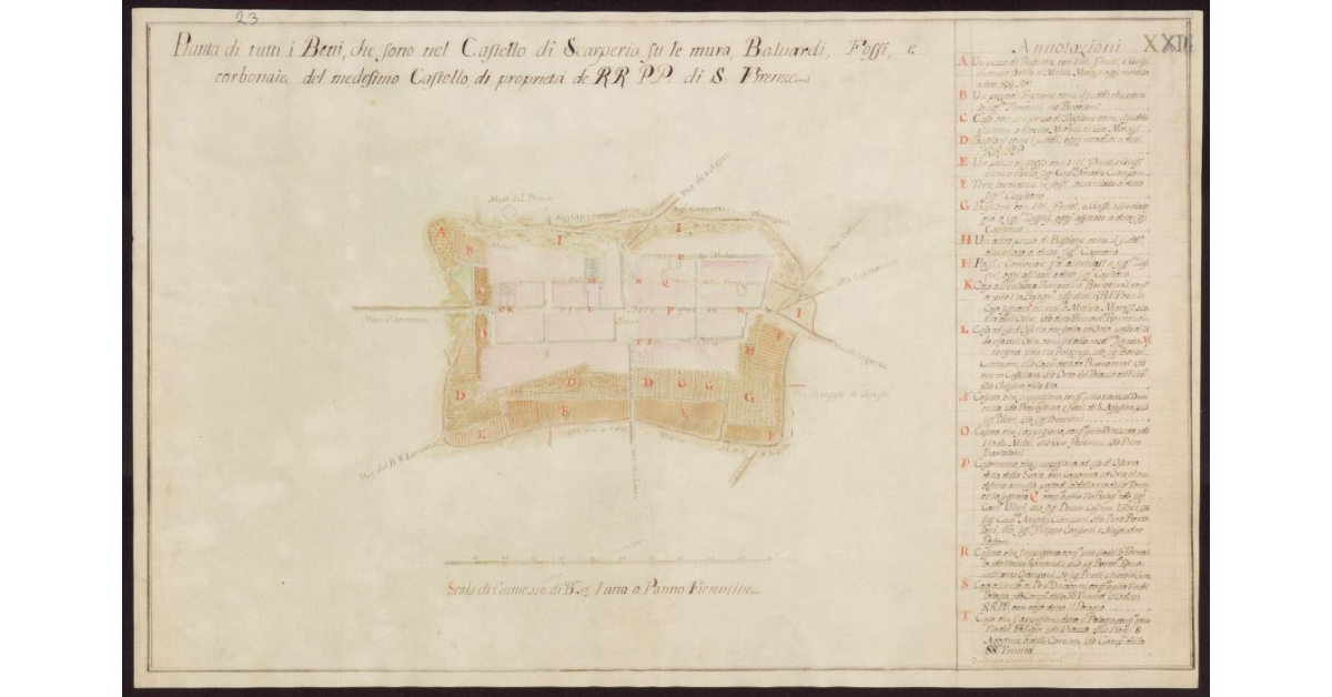 Pianta di tutti i beni che sono nel castello di Scarperia su le mura, baluardi, fossi e carbonaie del medesimo castello, di proprietà de RR.PP. di S. Firenze
