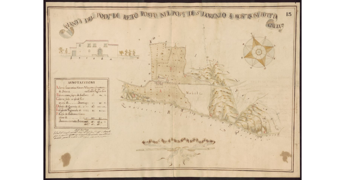 Pianta del Podere di Reto posto nel Popolo di S. Lorenzo a Monte Isoni Potesteria del Galluzzo