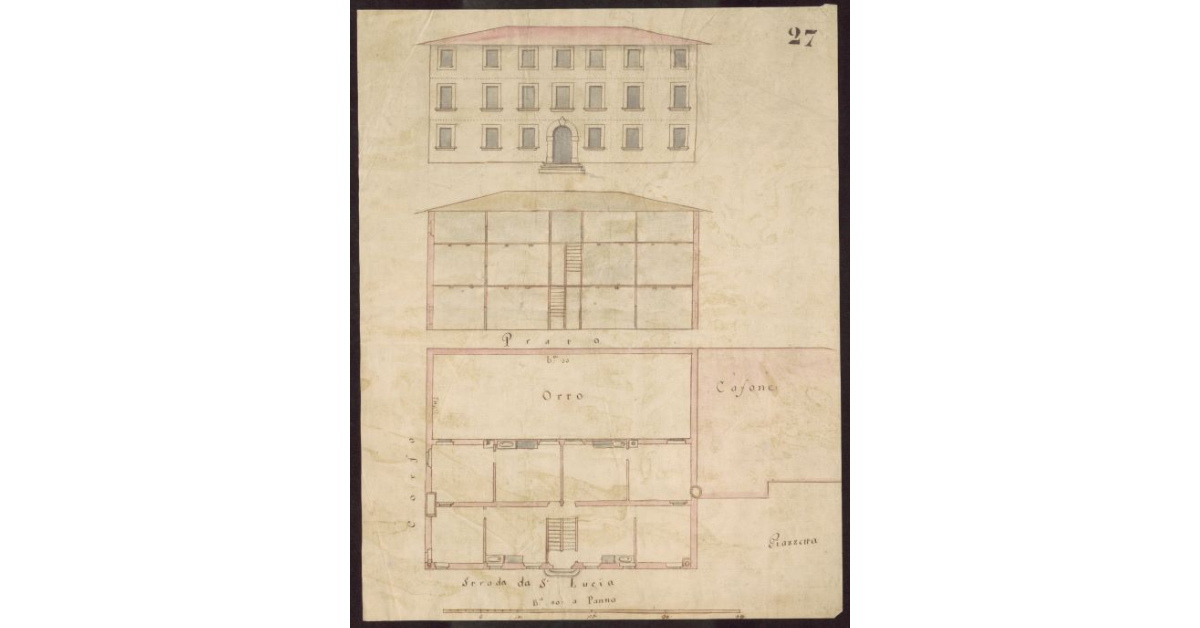 [Pianta, alzato e sezione di un palazzo dei Padri di S. Iacopo posto sulla strada di S. Lucia sul Prato a Firenze]