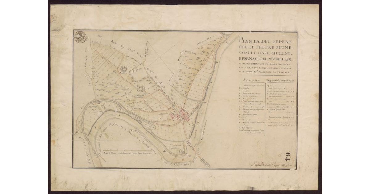 Pianta del Podere delle Pietre Buone, con le case, mulino, e fornaci del Ponte dell'Asse