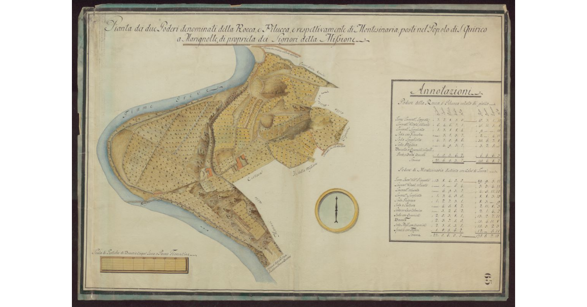 Pianta dei due Poderi denominati della Rocca, e Pilucca, e respettivamente di Montesinaria, posti nel Popolo di S. Quirico a Marignolle, di proprietà dei Signori della Missione [di Firenze]