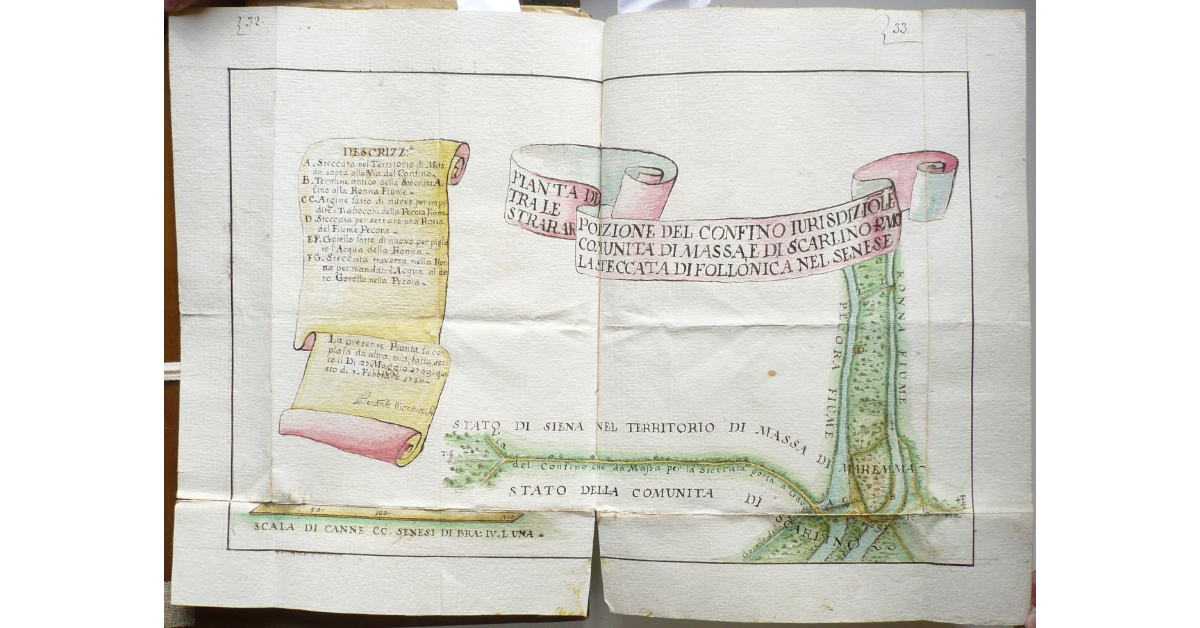 Pianta di Porzione del confino iurisdizionale tra le comunità di Massa, e di Scarlino per mostrar la steccata di Follonica nel Senese