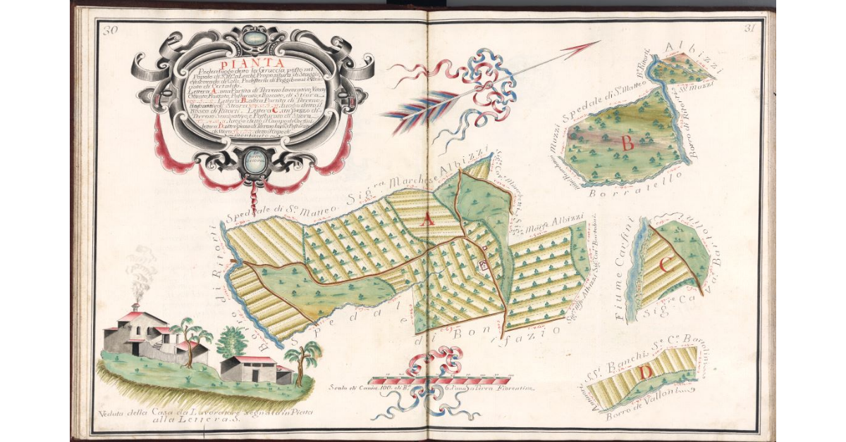 Pianta [del] Podere luogo detto la Gruccia, posto nel Popolo di S.a Maria a Lecchi, Propositura di Staggia e Vescovado di Colle, Potesteria di Poggibonsi, e Vicariato di Certaldo