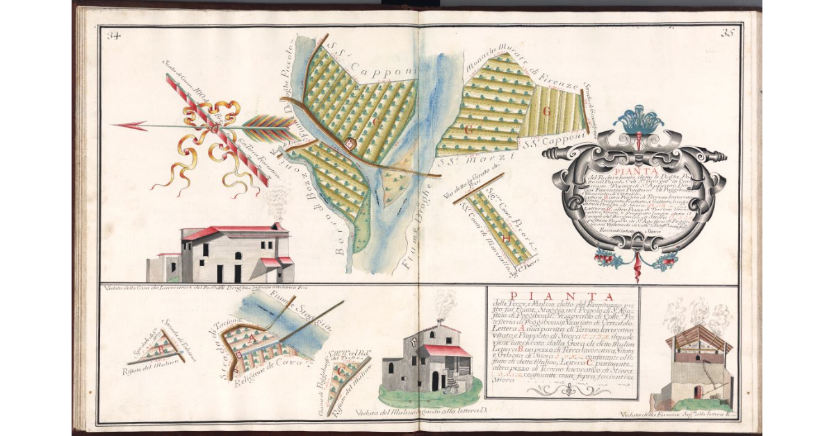 Pianta del Podere luogo detto le Droghe, posto nel Popolo di S. Giorgio in Cinciano, Piviere di S. Appiano, Diocesi Fiorentina, Potesteria di Poggibonsi, e Vicariato di Certaldo [e] Pianta delle terre e mulino detto il Romituzzo posto sul Fiume Staggia nel Popolo di S. Agostino di Poggibonsi, Vescovado di Colle