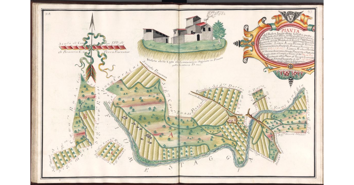 Pianta del Podere luogo detto Villa, posto nel Popolo di S. Piero in Megognano e parte nel Piviere di Staggia, Propositura di Poggibonsi e Vescovado di Colle, Potesteria di Poggibonsi, e Vicariato di Certaldo