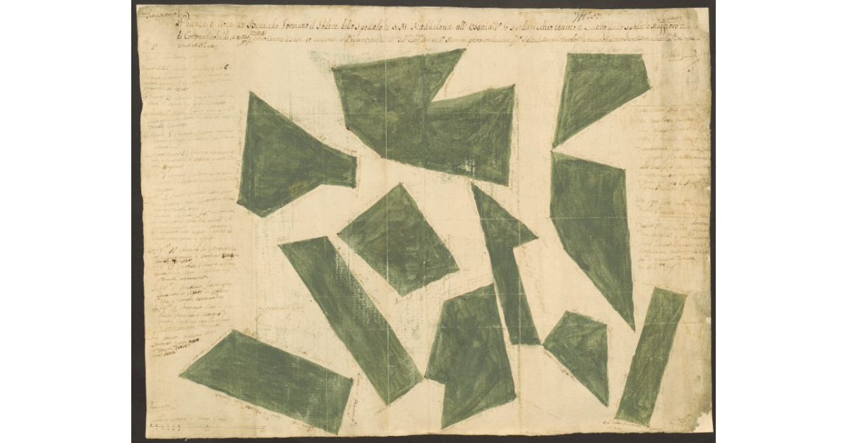 Pianta, e nota de Beni che formano il Podere dello Spedale di S. M. Maddalena all'Ossaia detto lo Spedalicchio tenuto a Livello dallo Spedale Maggiore della Città di Cortona fino dal di 24 Marzo 1733 per annuo Canone di scudi 30 da durare 23a Generazione dell'Ill.mo Sig.re Cav.re Ant. Fran.co Mancini primo conducente del detto Spedale Maggiore, tavolati da me Carlo Federico Franci Agrimensore in detta Città, e posti ...... presenti Piante