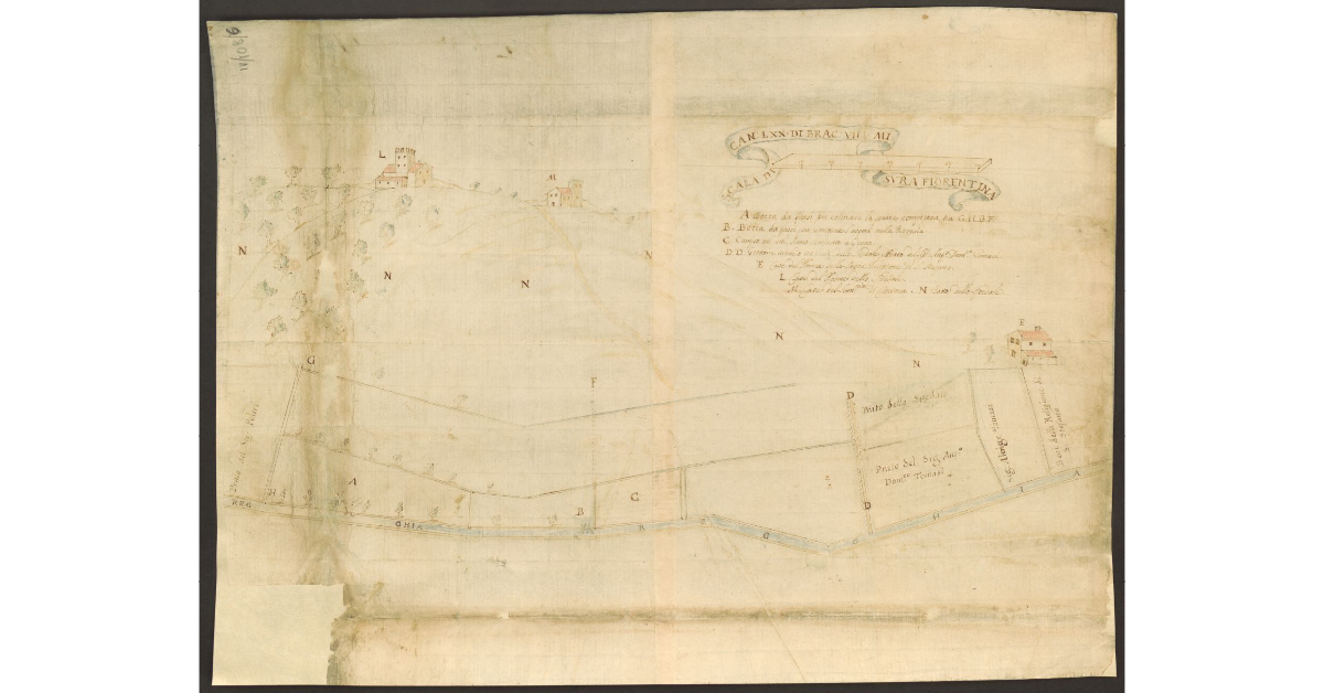 [Pianta dei terreni del Podere dello Spedale di Cortona lungo il torrente Regghia]