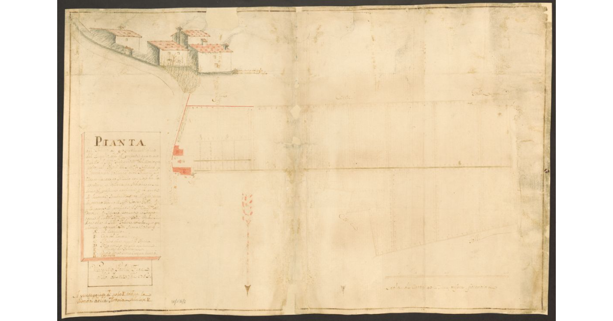 Pianta del Podere di proprietà dell’Ufizio del Bigallo, che al presente tiene a livello il Sig.re Giuseppe M.a del Montagna, Posto nel Popolo di S. M.a a Soffiano, potesteria del Galluzzo, luogo detto al Moro, qual Podere è Vitato fruttato e gelsato, con Casa da Lavoratore e Villetta da Padrone […]
