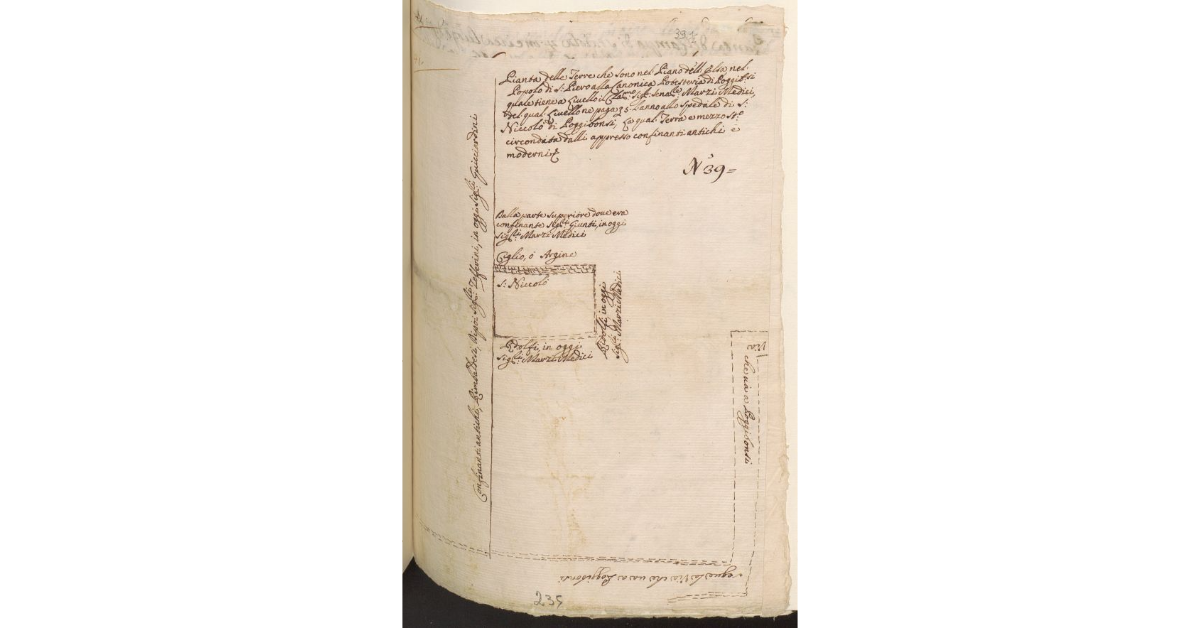 Pianta delle terre che sono nel Piano dell’Elsa, nel Popolo di S. Piero alla Canonica Potesteria di Poggibonsi quale tiene a livello il Cla.mo Sig.re Sena.re Marzi Medici, del quale livello ne paga soldi 5 l’anno allo Spedale di S. Niccolò di Poggibonsi, la quale terra è mezzo staio circondata dalli appresso confinanti antichi e moderni