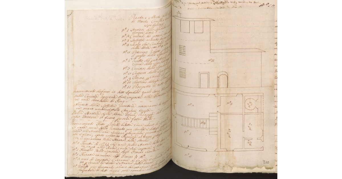 Pianta e Alzato dello Spedale di Monte Carelli, e Casa dello Spedalingo