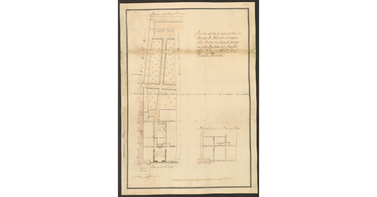 Pianta della Casa posta Borgo S. Niccolò contigua alla Porta vecchia di propietà dello Spedale del Bigallo Allivellata ai SS.ri Paolo, e fratelli Ferretti