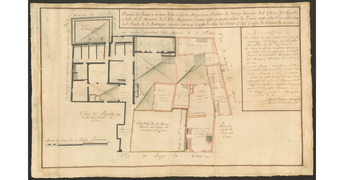 Pianta del Piano a terreno delle Casette Magazzini ed altro di diretto dominio dell’Ufizio del Bigallo, e delle R.R.e Monache di S. Pier Maggiore, il tutto posto in questa Città di Firenze presso alla Porta alla Croce nel Popolo di S. Ambrogio, quali casette le possiede come livellario il Sig.r Luigi di Leonardo Leoni