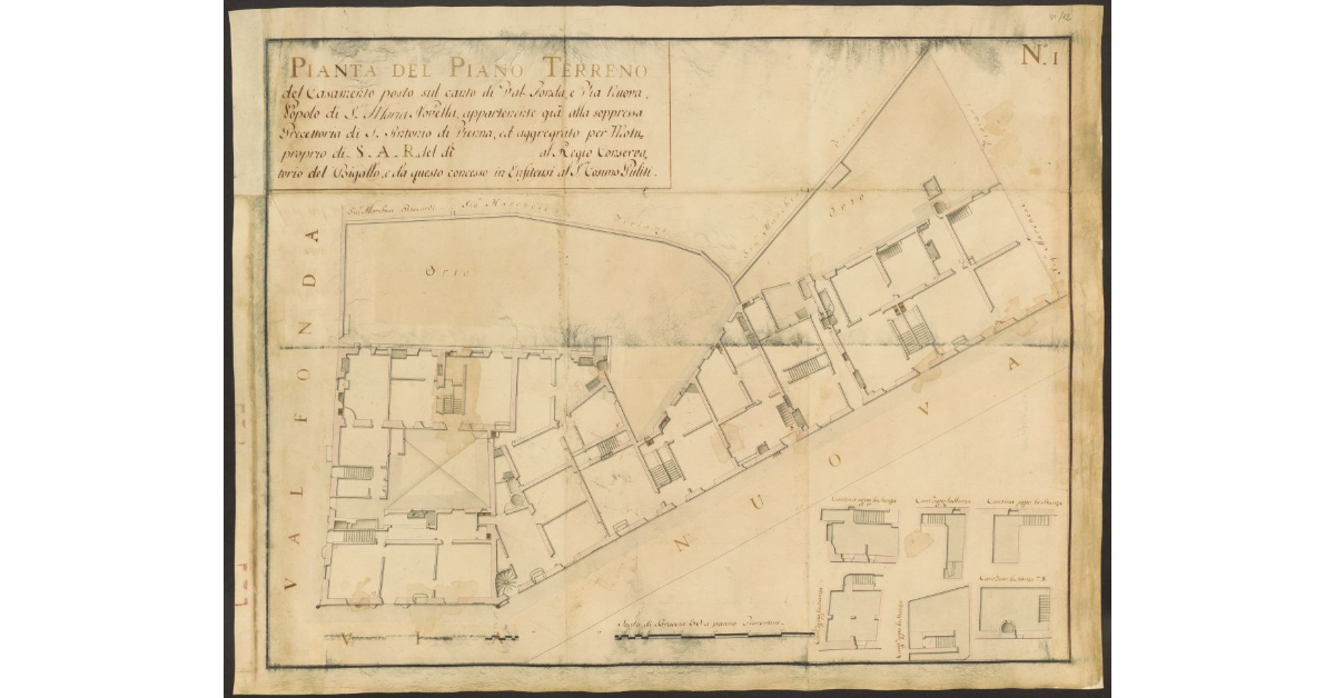 Pianta del Piano Terreno del Casamento posto sul canto di Val Fonda, e Via Nuova, Popolo di S.ta Maria Novella, appartenente già alla soppressa Precettoria di S. Antonio di Vienna, ed aggregrato per Motuproprio di S.A.R. del dì           al Regio Conservatorio del Bigallo, e da questo concesso in Enfiteusi al S.r Cosimo Puliti