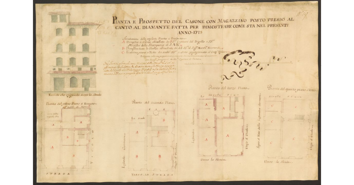 Pianta e Prospetto del Casone con Magazzino posto presso al Canto del Diamante per dimostrare come sta nel presente anno 1719
