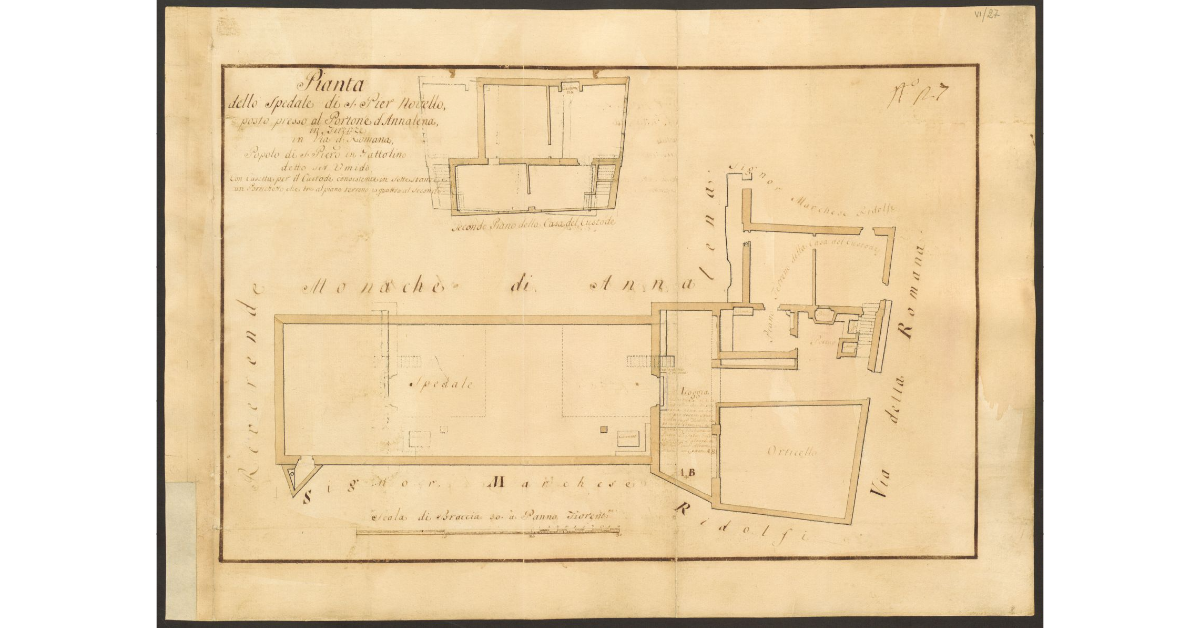 Pianta dello Spedale di S. Pier Novello, posto presso al Portone d’Annalena, in Firenze in via detta Romana, e Popolo di S. Piero in Gattolino detto Ser Umido