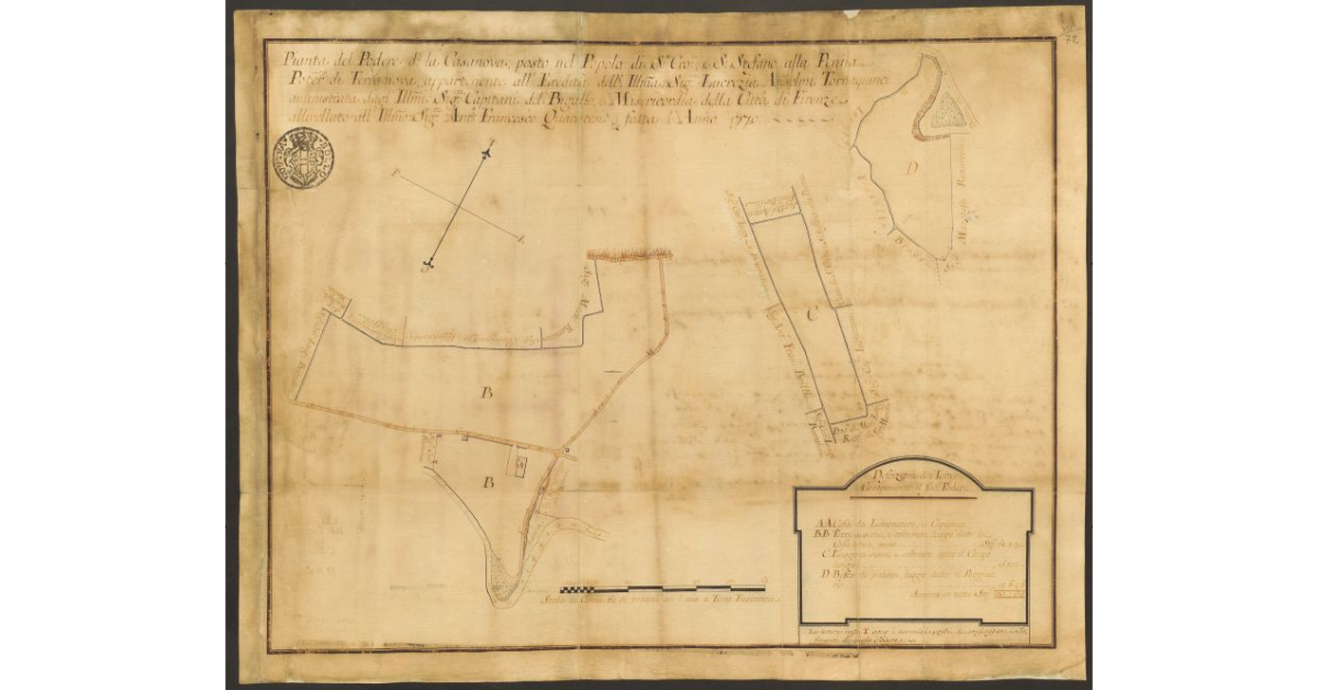 Pianta del Podere detto la Casanova, posto nel Popolo di S. Croce e S. Stefano alla Penna Potesteria di Terranova, appartenente all’Eredità dell’Ill.ma Sig.ra Lucrezia Anselmi Tornaquinci amministrata dagl’Ill.mi Sig.ri Capitani del Bigallo, e Misericordia della Città di Firenze allivellato all’Ill.mo Sig.re Anton Francesco Quaratesi, fatta l’Anno 1770