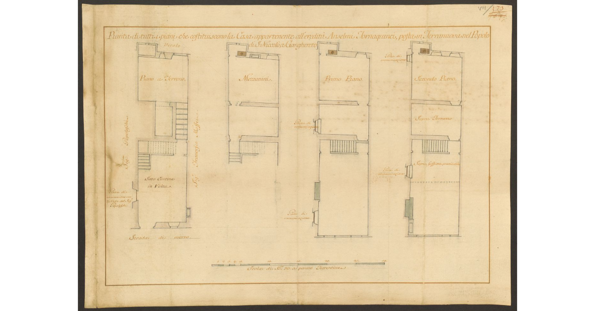 Pianta di tutti i piani che costituiscono la Casa appartenente all’eredità Anselmi Tornaquinci, posta in Terranuova nel Popolo di S. Niccolò a Ganghereto