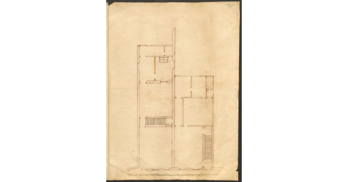 [Pianta del piano terreno di due case attenenti al patrimonio dei Catecumeni, con l’indicazione di alcuni lavori che devono essere eseguiti]