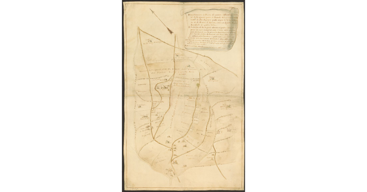 Dimostrazione in Pianta di quanto distendino i terreni della Quarta parte de Ranchi del Comune della Città di San Sepolcro posti sopra la Villa, e Popolo di S. Maria d’Aboca; tiene a livello Marco Batistelli di quella Villa