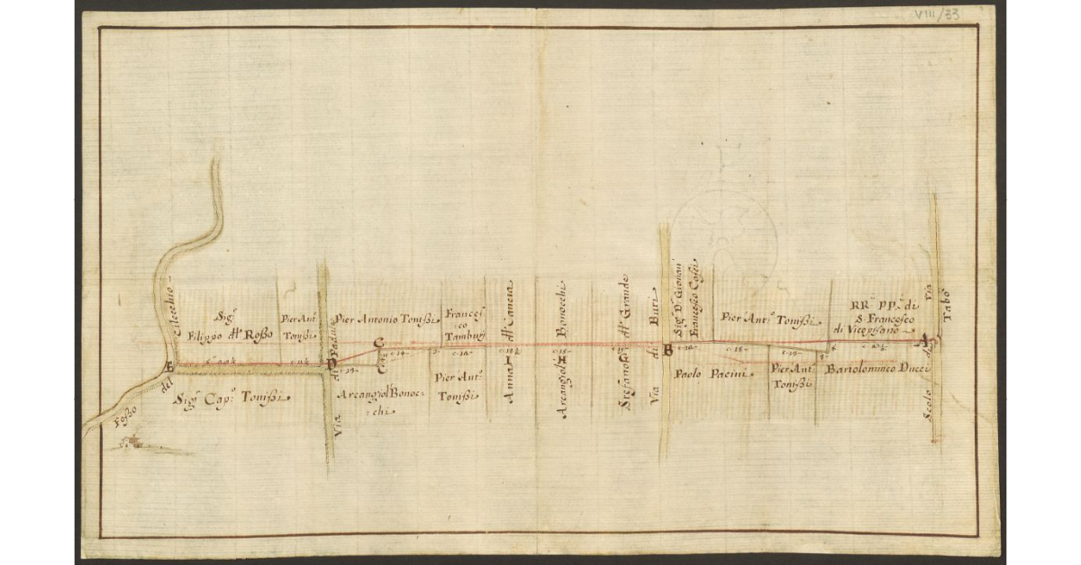 [Pianta dei terreni che si estendono fra il fosso del Cilecchio e lo scolo di Tabò, con l’indicazione della linea di confine]