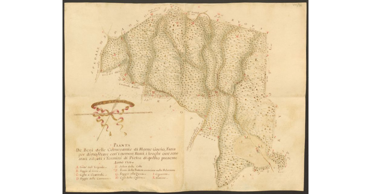 Pianta De Beni delle Comunanze di Monte Govìo, Fatta per dimostrare con i numeri Rossi, i luoghi ove sono stati situati i Termini di Pietra di questo presente Anno 1717