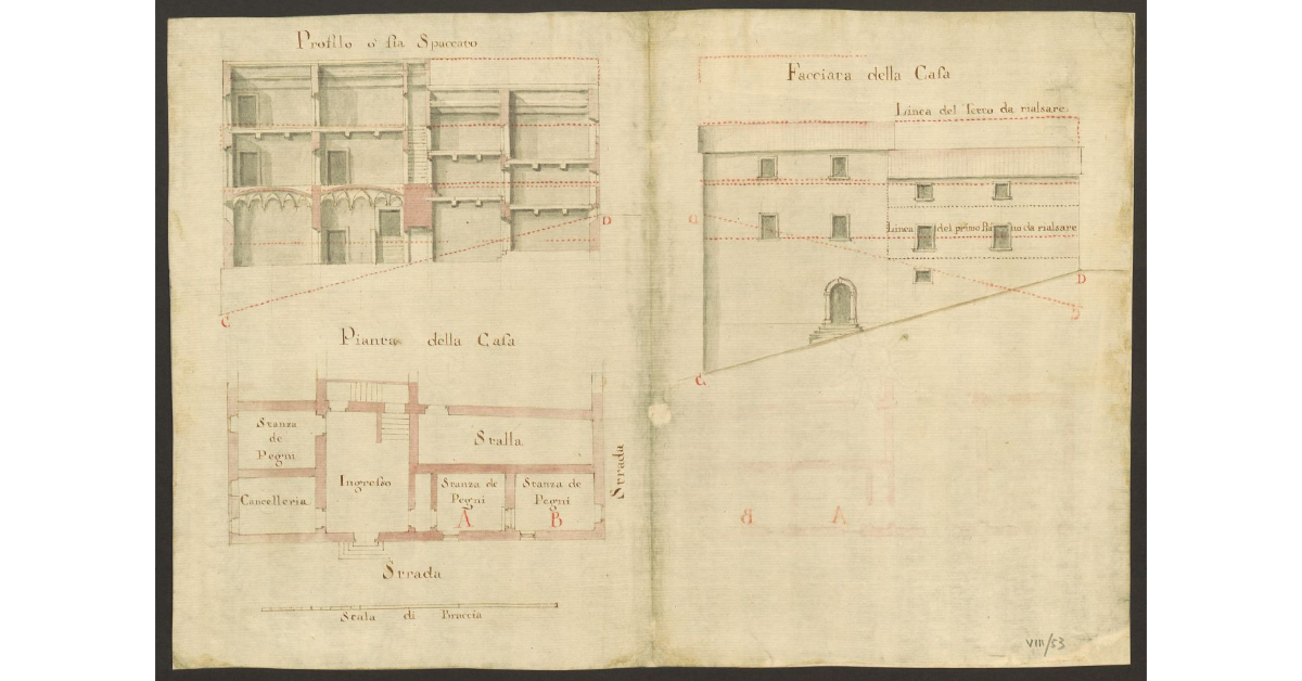 [Profilo, pianta e facciata del Monte Pio di Arezzo]