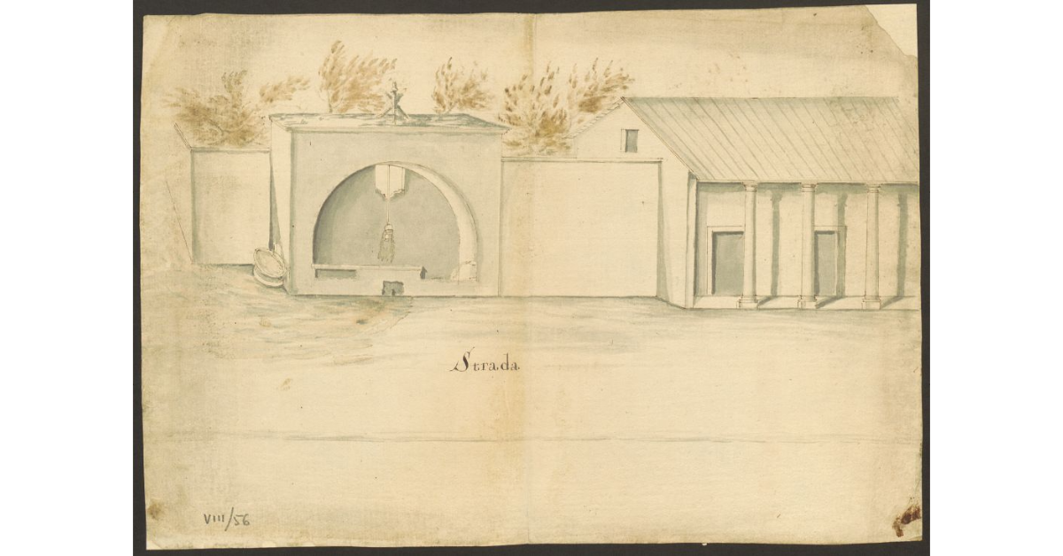 [Veduta di un pozzo e di un edificio porticato a due piani con tetto a capanna]