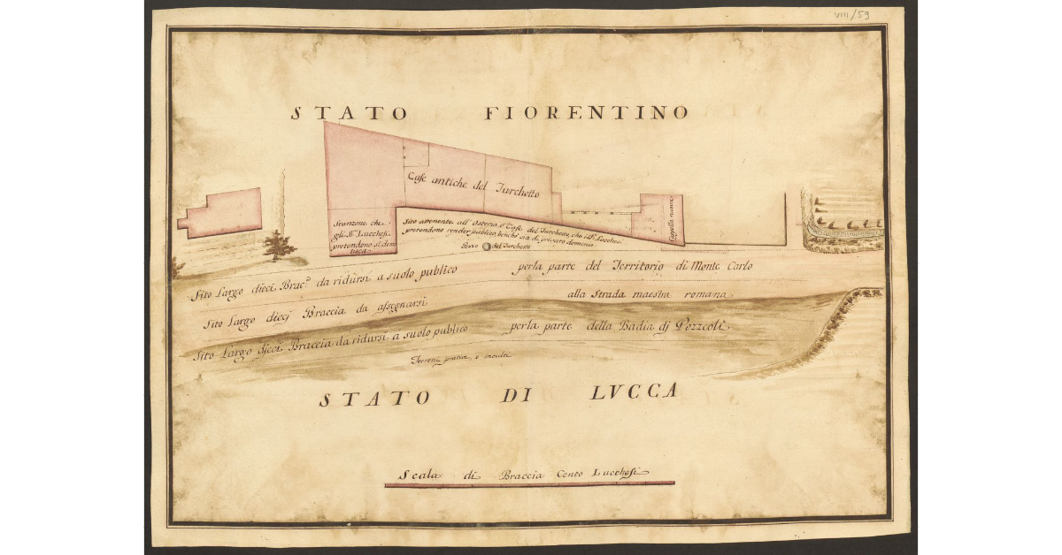 [Pianta delle Case antiche del Turchetto e dell’area adiacente, con l’indicazione di ciò che i Lucchesi pretendono che sia demolito e di ciò che pretendono che divenga di dominio pubblico]