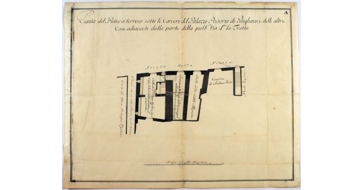 Pianta del Piano a terreno sotto le Carceri del Palazzo Pretorio di Pitigliano, e delle altre Case adiacenti dalla parte della pubb.ca via d.ta la Fratta